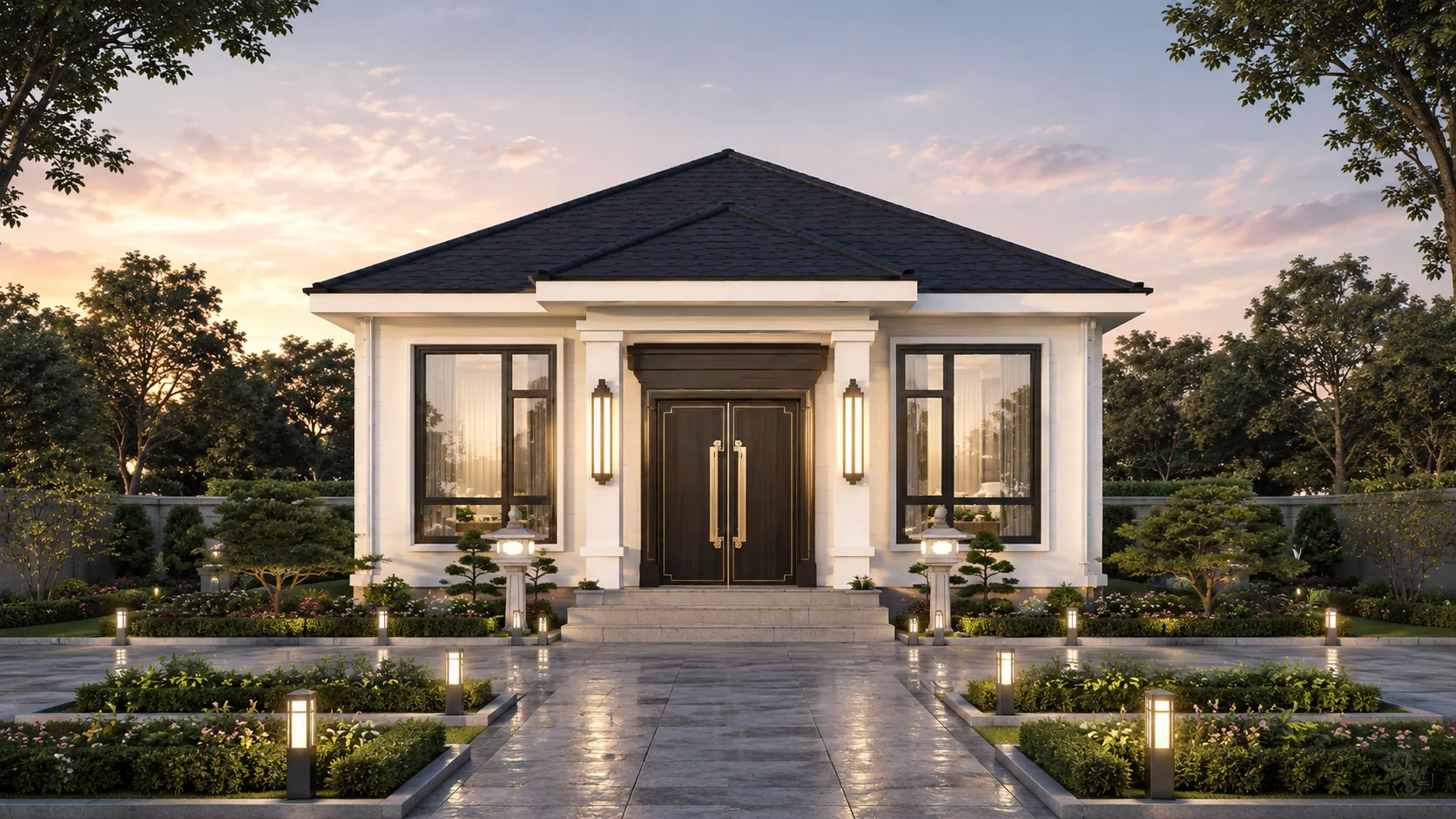 Front elevation of The Ashford, a modern-classic single-storey light-gauge steel villa