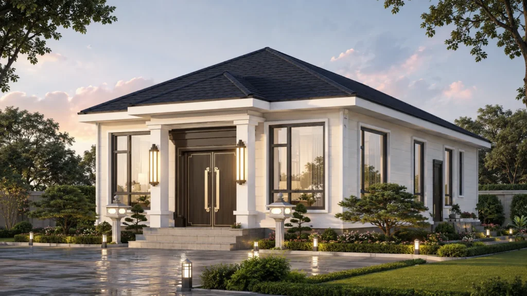 Front-right exterior view of The Ashford modern-classic light-gauge steel villa