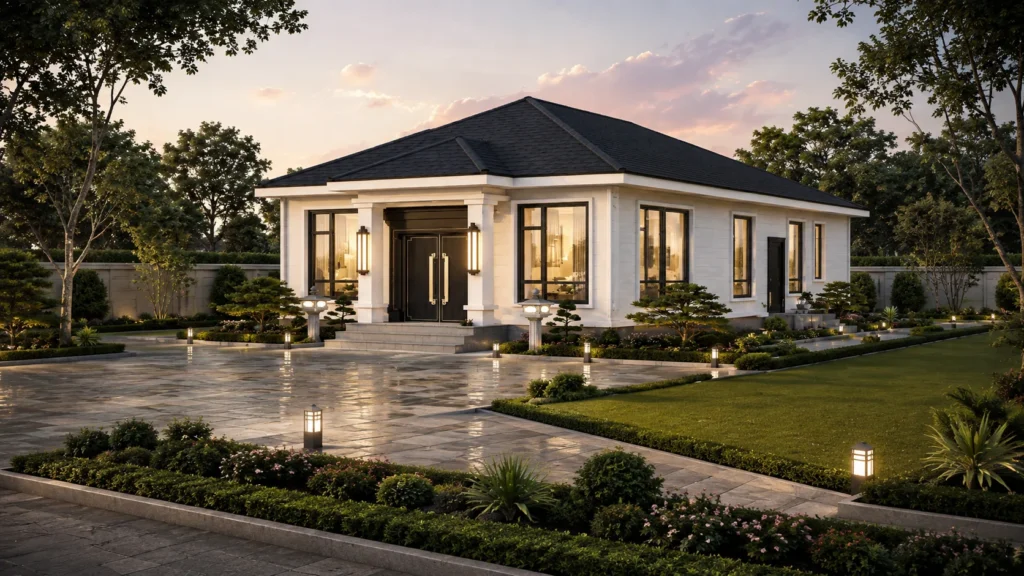 Garden perspective of The Ashford modern-classic single-storey light-gauge steel villa
