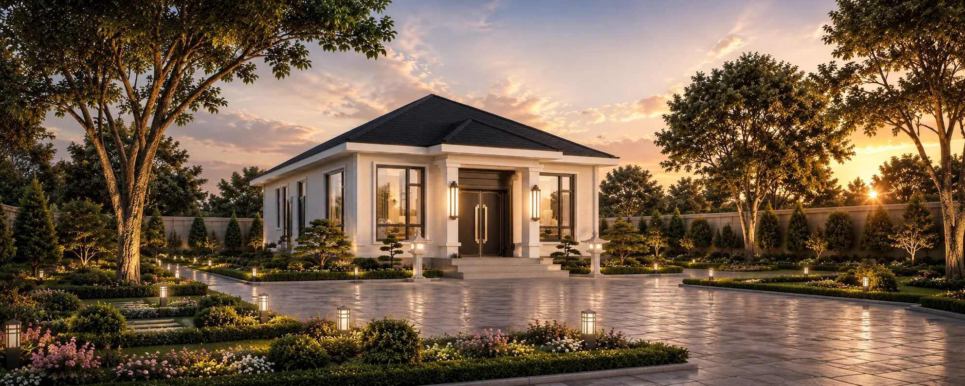 The Ashford modern-classic single-storey light-gauge steel villa at sunset