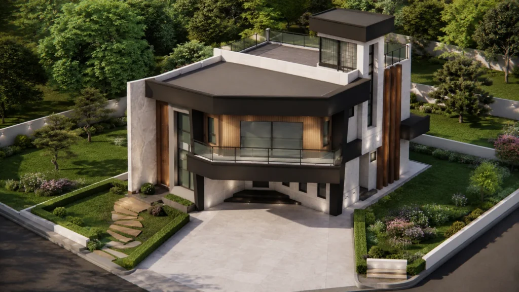 Elevated view of Halcyon B1 contemporary light-gauge steel villa, showing roof terrace and balcony