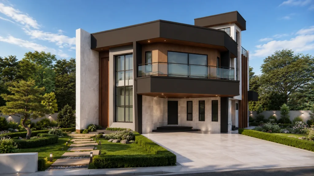 Contemporary two-storey light-gauge steel villa with balcony, timber accents and broad rooflines