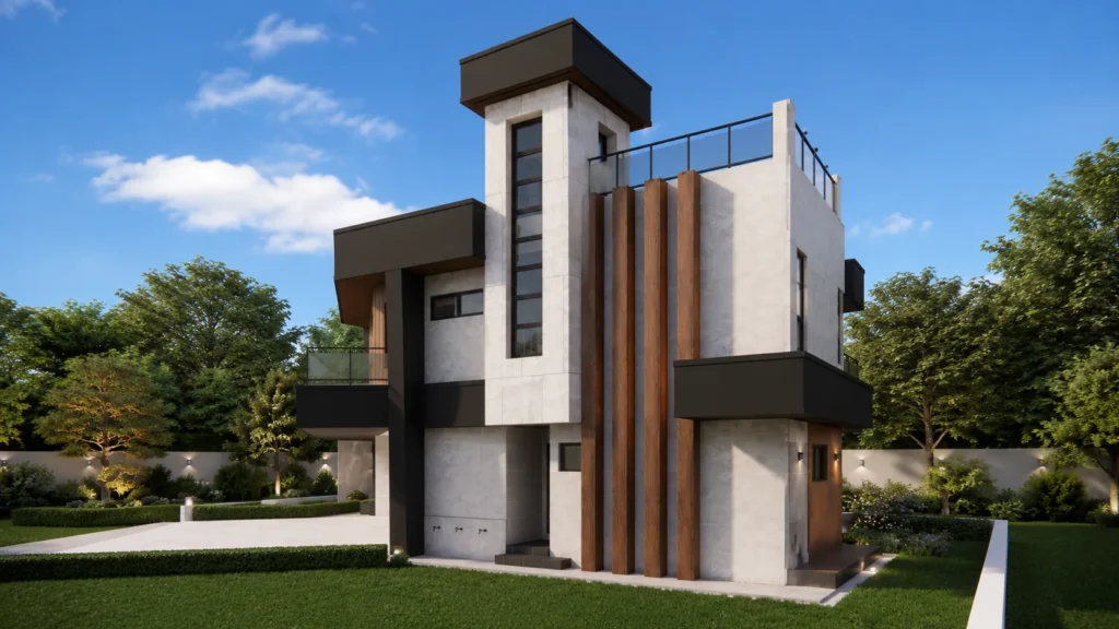 Side elevation of Halcyon B1 contemporary villa, showing vertical timber fins and roof terrace