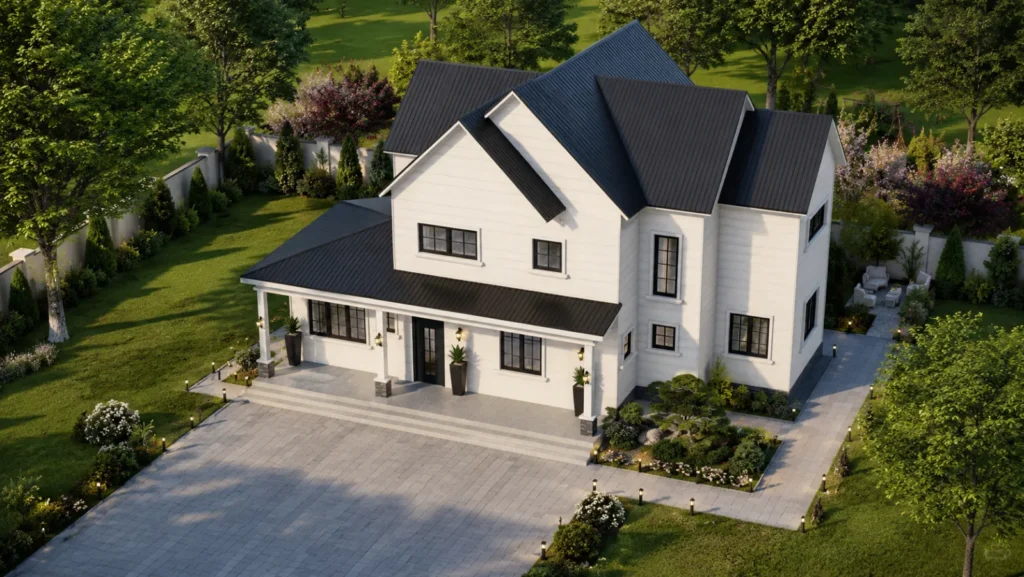 Aerial exterior view of the Halcyon-B2 gabled light steel villa