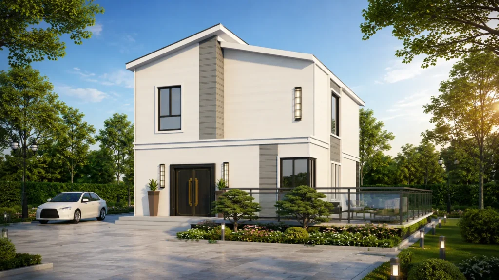 Halcyon-B3 two-storey housing concept arrival rendering with terrace